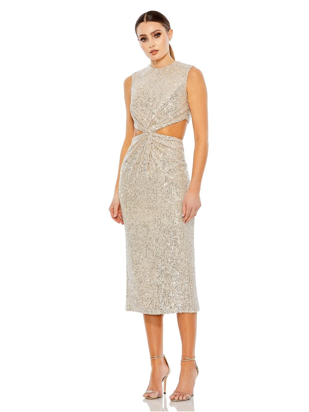 Mac Duggal Champagne-Sequin Twist Midi Dress- style 27022